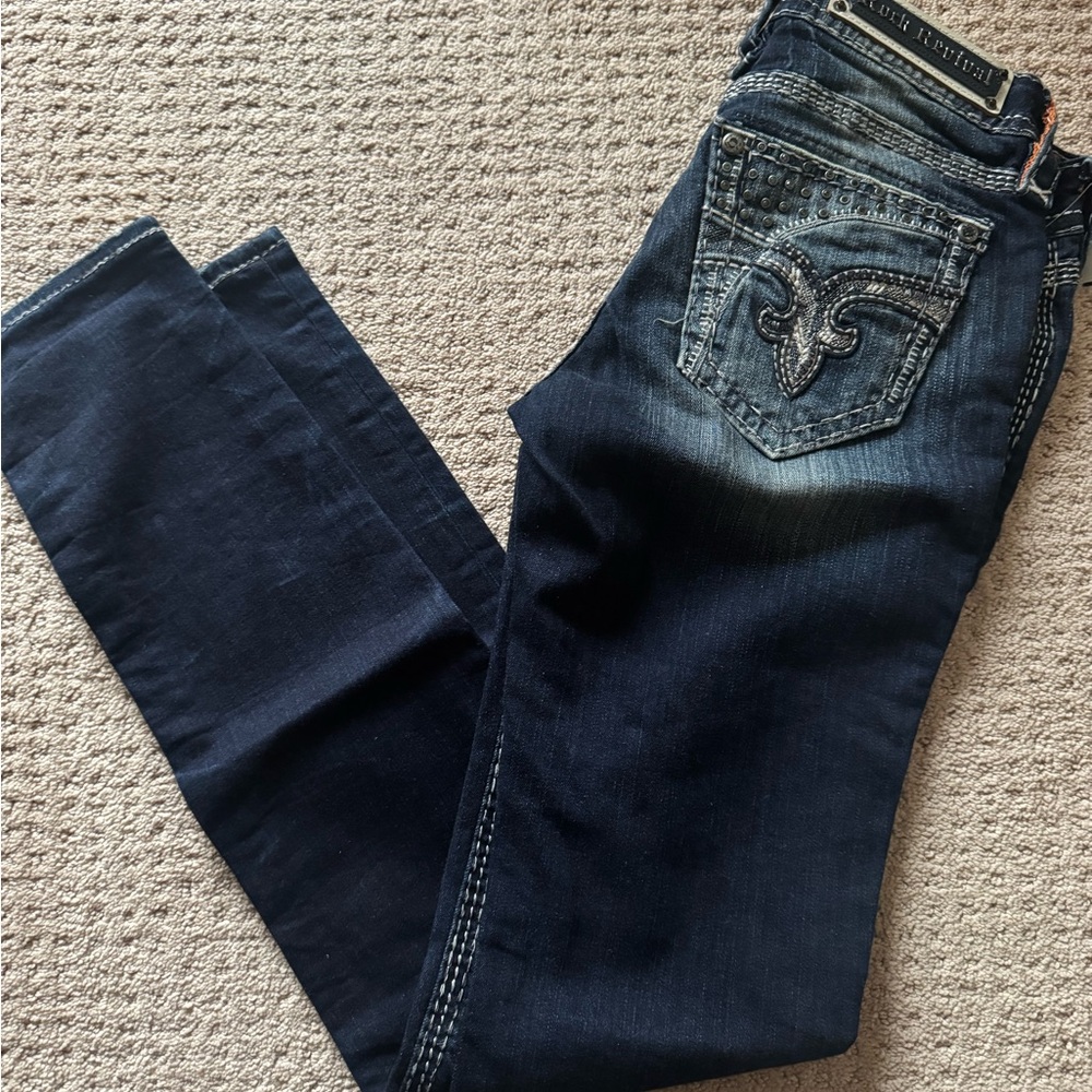 Rock Revival Dark Blue Skinny Jeans with Embellished Pockets
